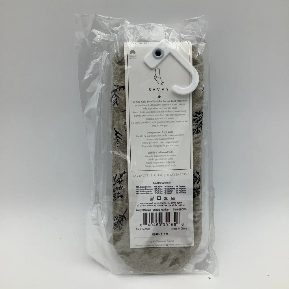 Tavi Savvy Grip Socks Womens Shitake‎ Heather Botanical Yoga Barre Size M NWT